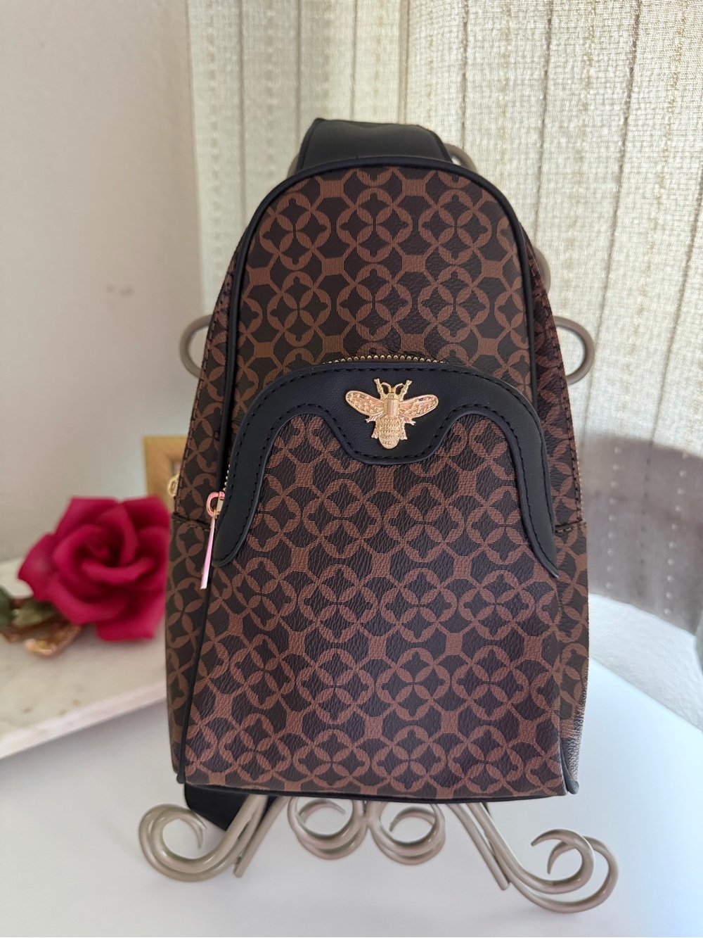 Brown and Black Patterned Mini Sling Backpack with Gold Bee Accent